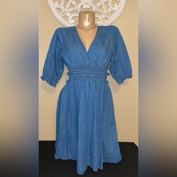 Speed limit women large 12 14 dress mini Blue Denim Jean cut out sides fit flare - Picture 2 of 10